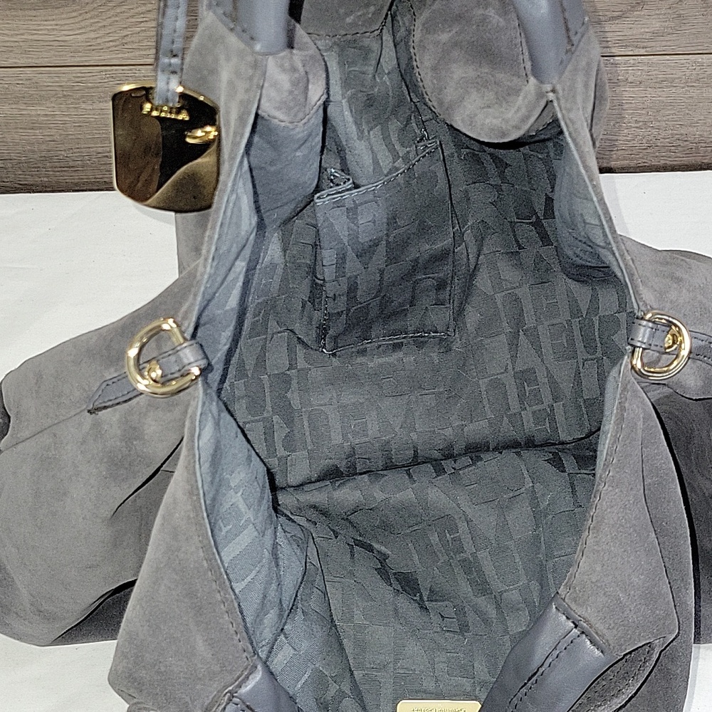 Furla Charcoal Gray Suede Hobo Bag with Gold Tag - Picture 8 of 13